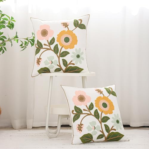 Floral Throw Pillow Covers 18x18 Pack of 2 Pink and Yellow Flower Embroidered Pillow Cover with Green Leaves Farmhouse Pillow Cushion Case Decorative Farm Pillowcases for Summer Fall Autumn - color: Yellow and Pink Flowers