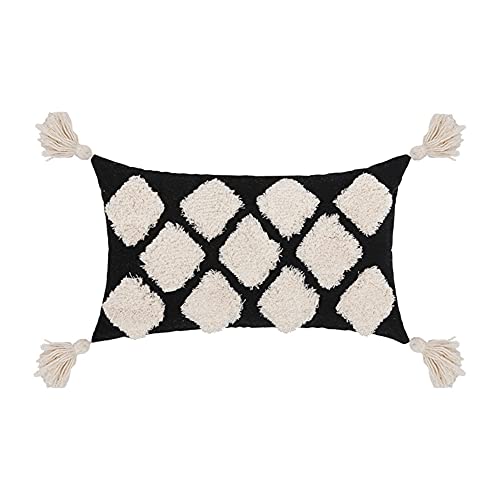 vctops Boho Tufted Decorative Lumbar Throw Pillow Cover with Tassels Cotton Geometric Cushion Cover for Couch Sofa Bed (Black,12"x20") - color: Black, size: 20" x 12" (Pack of 1)