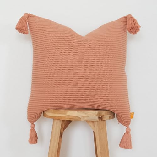18x18 Ribbed Knit Throw Pillow Cover with Tassel Corners – Soft Pink Clay Valentine’s Day Gift – Evocative Earthy Decor for an Elevated Space - color: Pink Clay, size: 18" x 18" (Pack of 1)