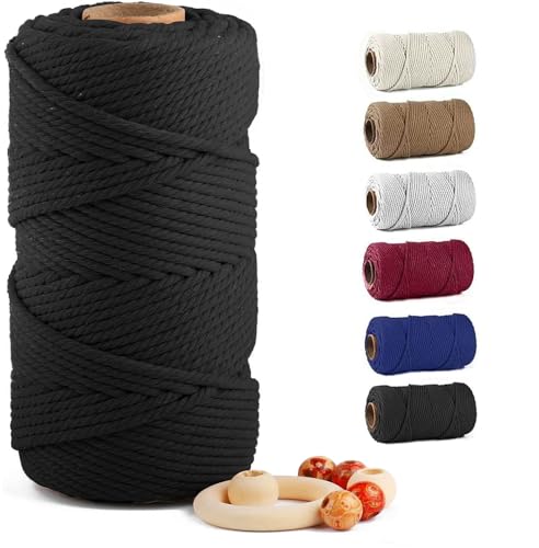 Macrame Cotton Cord 6mm x 109 Yards, ZUEXT 100% Natural Handmade Colorful 4 Strands Twisted Braided Cotton Rope for Wall Hanging Plant Hangers Gift Wrapping Tapestry DIY Crafts (100m, Black) - color: Black, style: 6mm x 100m