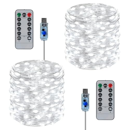Twinkle Fairy Lights 8 Modes with Remote and Timer 33ft 100LED USB Plug in String Lights Waterproof String Lights for Bedroom Indoor Wreath Party Wedding Christmas Decoration, White - color: White, size: 2 Pack