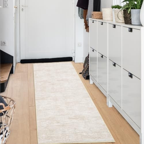 RUGSREAL Modern Runner Rug 2.5x8 Stain Resistant Washable Kitchen Runner Carpet ith Rubber Backing Low Pile Contemporary Solid Color Entryway Mat Ultra Soft Rug for Living Room Bedroom, Beige - color: Beige, size: 2'6" x 8' (Runner)