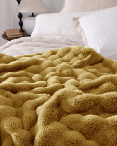 Ultra Soft Cozy Faux Fur Throw Blanket, Fuzzy Plush Thick Bubble Blanket, Oversize Luxury Fluffy Blanket for Couch, Sofa, Bedroom, and Living Room,50x60 Inches, Dark Yellow - color: Bubble Dark Yellow, size: Throw