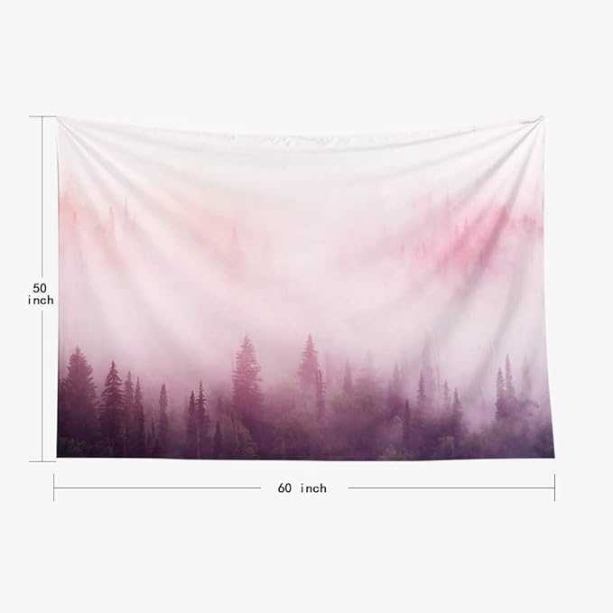 EMMTEEY Foggy Forest Tapestry Tree Tapestry Forest in the Pink Mist at Sunup Light Pink Tapestry 60X50 Tapestry