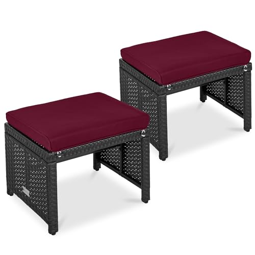 Best Choice Products Set of 2 Wicker Ottomans, Multipurpose Outdoor Furniture for Patio, Backyard, Additional Seating, Footrest, Side Table w/Removable Cushions, Steel Frame - Deep Burgundy/Black - color: Deep Burgundy/Black