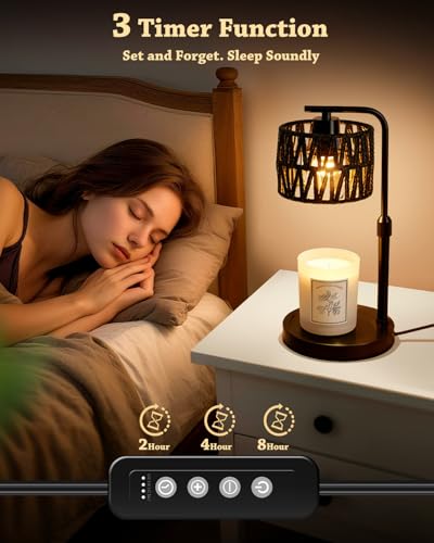 Candle Warmer Lamp, Timer Dimmable Candle Lamp, Adjustable Height and Brightness Candle Warmer, Black Boho Rattan Lampshade and 2 Bulbs, Suitable for Home Decor, Birthday Gifts for Women Mom - color: Boho-Black Shade