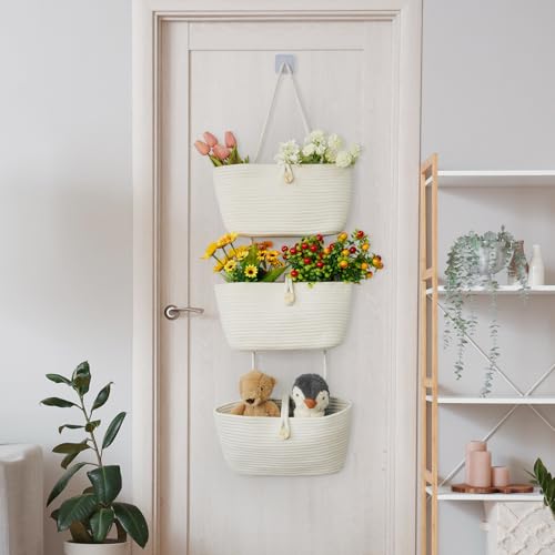 TeoKJ Over the Door Hanging Baskets with Wooden Button, 3-Tier Wall-Mounted Decorative Nursery Kitchen Baskets, White - color: White, style: 3 tier+Wooden Button