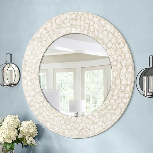 Round Coastal Mirror with Capiz Shell Frame, 36'' Large Circle Bathroom Mirrors, Decorative Wall Mirror for Living Room Dining Room Mantel Entryway - color: Cream-white, size: 36"L x 36"W
