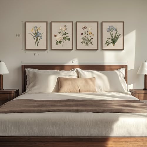 Framed Botanical Floral Wall Art, 4 Piece Vintage Flower Canvas Painting Prints for Bedroom, Rustic Floral Butterfly Pictures for Farmhouse Kitchen Living Room Dining Room Hallway Wall Decor, 11x14 In - color: Floral - Walnut Framed, size: 11" W x 14" H x