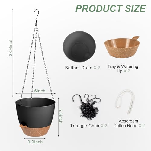 Vanslogreen Hanging Planters for Indoor Outdoor Plants, 2 Pack Self Watering Hanging Pot with Drainage Holes & Removable Tray (Black, 6'') - color: Black, size: 6''