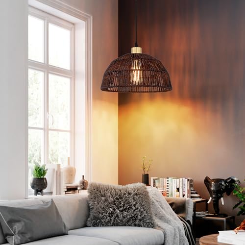 Cinkeda Plug in Pendant Light, Hanging Lights with 15ft Cotton Cord & Stepless Dimming Switch, Handwoven Hemp Rope Lampshade, Black Rattan Lamp for Dining Room,Hallway - color: Black Rattan 11.8"