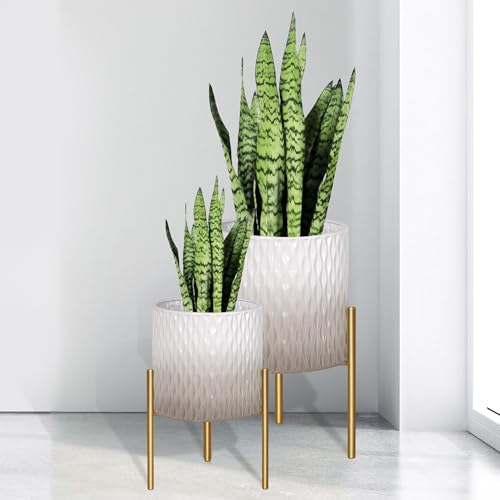 ARNIS Plants Pots with Stand, Set of 2 Indoor Planter Pots, Unique Mid Century Decorative Metal Flower Pots with Drainage,8.25 & 10.5 Inch, Grey and White - color: Grey & White, size: 8.25 &10.5