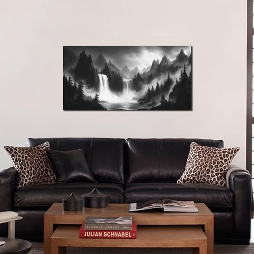 HUBOSKN Mountain Wall Pictures for Living Room Decor - Black and White Wall Art Bedroom - Waterfall Canvas Wall Art for Office Size 20" x 40" - color: Black and White, size: 40"L x 20"W