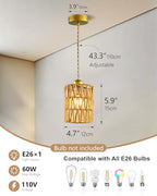 1-Light Rattan Pendant Light Boho Hand-Woven Chandelier, Farmhouse Hemp Rope Pendant Lights for Dining Room, Small Wicher Chandelier Ceiling Hanging Light for Kitchen lsland Bedroom Hallway - color: 4.72″-Cylindrical