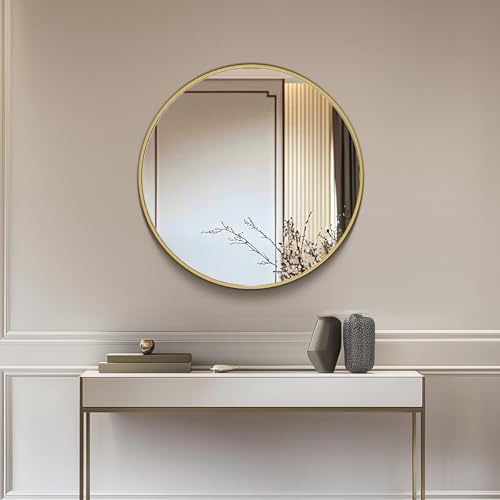 NEWBULIG 20IN Round Bathroom Wall Mirror, Modern Vanity Mirrors for Over Sink, HD Glass Decorative for Entryway, Bedroom & Living Room, Anti-Rust, Tempered Glass, Hanging or Leaning, Gold - color: Gold, size: 20.2"L x 20.2"W