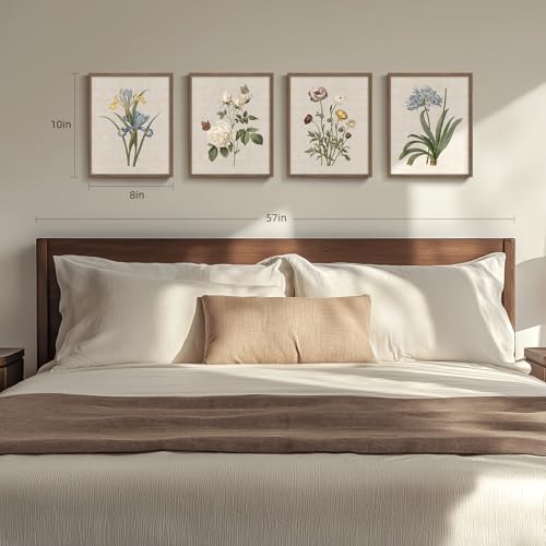 Framed Botanical Wall Art for Bathroom, 4 Piece Vintage Floral Canvas Painting Prints Artwork Farmhouse Wall Decor, Rustic Flower Butterfly Pictures for Bedroom Kitchen Hallway Home Decor, 8x10 Inch - color: Floral - Walnut Framed, size: 8" W x 10" H x 4p
