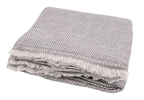 Cashmere Blanket – Hand Woven 100% Pure Wool Throw Blanket, 135 x 270 cm – Herringbone Pattern Cozy, and Soft Blanket for Bed, Sofa, or Couch - Made in Nepal - color: Grey