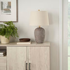 Nourison Home 23" Greyish Brown Earth Tone Rustic Farmhouse Ceramic Table Lamp for Bedroom, Living Room, Dining, Office, with Beige Linen Shade - color: Earth Brown, size: 1 Lamp - Drum Shade