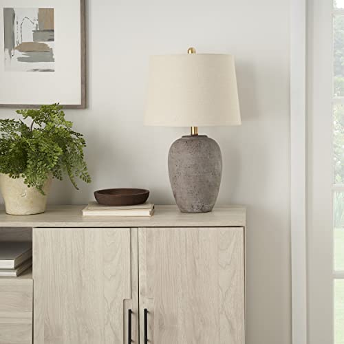 Nourison Home 23" Greyish Brown Earth Tone Rustic Farmhouse Ceramic Table Lamp for Bedroom, Living Room, Dining, Office, with Beige Linen Shade - color: Earth Brown, size: 1 Lamp - Drum Shade