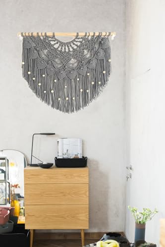 Youngeast Large Macrame Wall Hanging Boho Beaded Curtain for Window Macrame Bedroom Headboard Living Room Wall Art Tassel Tapestry Bohemian Woven Wall Decor 31" W X 25" H (Grey) - color: Grey