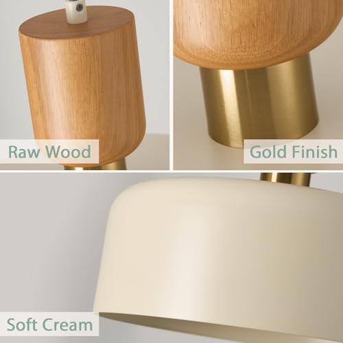 Modern Pendant Lighting,12 inch,Natural Wood and Brass Accent,Adjustable Pendant Light Fixtures for Kitchen Island,Dining Room,Soft Cream - color: Soft Cream