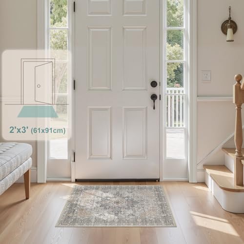 Tortania Area Rug 2x3 Doormat - Washable Vintage Oriental Farmhouse Soft Thin Indoor Carpet for Living Room Bedroom Hallway Entryway Kitchen - Brown Gray - color: Brown Gray, size: 2' x 3' (Rectangular)
