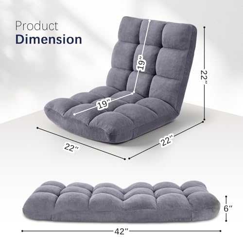 Folding Floor Chair 14-Position Cushioned Adjustable Floor Lazy Sofa Chair w/Breathable Cotton & Skin-Friendly Coral Velve for Adults & Kids Ideal for Reading Meditating，Grey - color: Grey