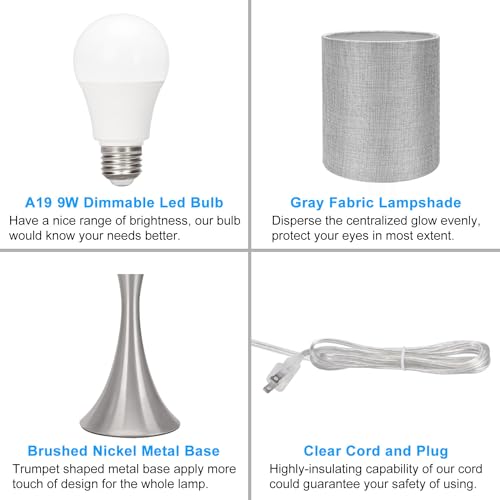 3 Way Touch Control Table Lamp, Dimmable Bedside Desk Lamp with Metal Base Modern Nightstand Lamp Stylish Grey Shade Simple Side Table Lamp for Bedroom, Living Room, Office or Den LED Bulb Included - color: Silver Base with Gray Shade