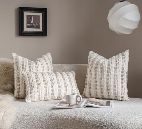 Caflife Boho Lumbar Pillow Covers 14x36 Inch Long, Farmhouse Beige Striped Textured Chenille Decorative Couch Pillow Cases, Rustic Accent Cushion Covers for Sofa Bed Living Room Bedroom, Pack of 1 - color: Beige, size: 36" x 14" (Pack of 1)
