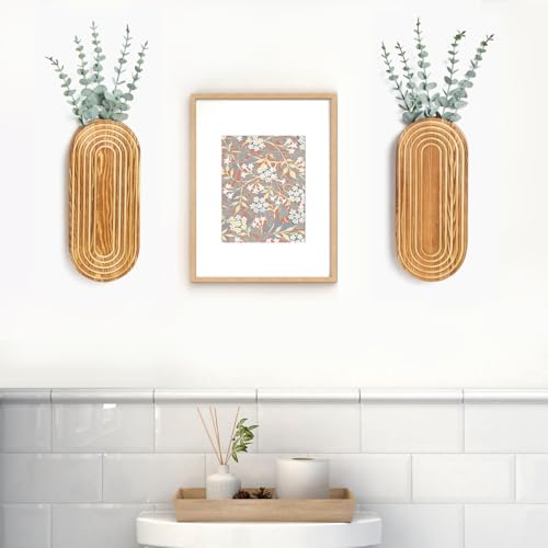 2 Pack Carved Wood Wall Planters with Fake Eucalyptus Stems for Wall Decor - Boho Wooden Wall Art for Living Room, Bedroom, Bathroom (Brown)