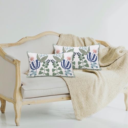 Pack of 2 Embroidered Decorative Throw Pillow Cover 18x18 Inch Farmhouse Floral Pillowcase for Living Room Sofa Bed (Bird Flower-Waist) - color: Bird Flower-waist