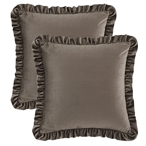 GIGIZAZA Brown Decorative Throw Pillow Covers, 20x20 Velvet Ruffle Cushion Pillow Covers for Sofa Couch Set of 2 - color: Brown, size: 20" x 20" (Pack of 2)
