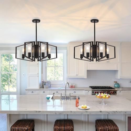 WJShome Black Chandelier, 4-Light Farmhouse Dining Room Light Fixture/Chandelier Over Table, Geometric Pendant Lights Kitchen Island, for Entryway, Foyer, Hallway - color: Black