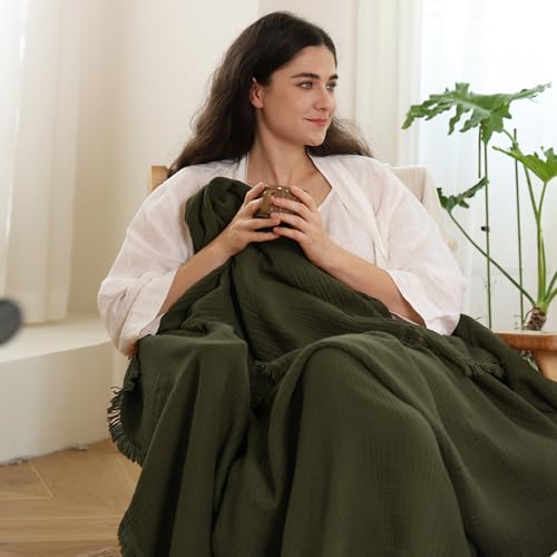 MooMee Muslin Blanket - 100% Cotton 4-Layer Gauze Throw Blanket with All-Around Fringe, Soft Breathable Lightweight Cooling Summer Blankets for Bed Couch (Olive Green,Super King 108" x 98") - color: Olive Green, size: Super King
