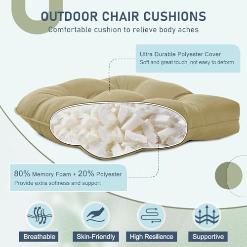 downluxe Outdoor Chair Cushions Set of 4 for Patio Furniture, Water Resistant Tufted Overstuffed Patio Furniture Cushions, Thick Outdoor Seat Cushion, 19" X 19" X 5", Khaki - color: Khaki, size: 4 Count (Pack of 1)