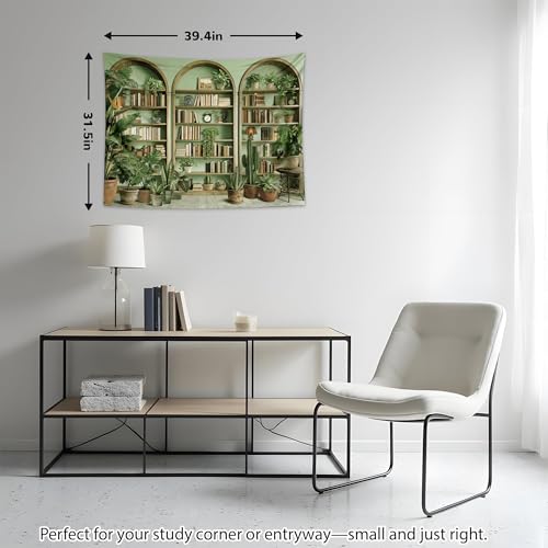 QGHOT Sage Green Vintage Tapestry Botanical Bookshelf Tapestry Wall Hanging Fake Potted Office Zoom Video Backdrop for Study Room Bedroom Living Room Decor, 39.4" x 31.5" - color: Z, size: 31.5"L x 39.4"W