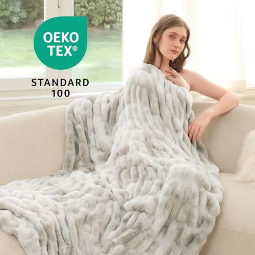 Faux Rabbit Fur Throw Blanket, Ultra Soft Plush Cozy Blanket for Couch Bed, Thick Fluffy Ruched Tie-Dye Decorative Blanket, Giftable,50"x60",Tie-Dye Cream Beige - color: Tie-dye Cream Beige, size: Throw(50"x60")