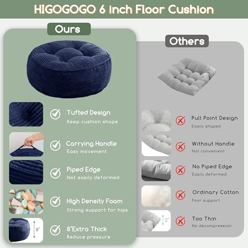 HIGOGOGO 8" Extra Thick Floor Pillow Cushion for Adults, Meditation Cushion Pillow, Large Round Floor Sitting, Tufted Corduroy Cover, for Tatami Living Room or Yoga, 22x22 Inch, Navy - color: Round Navy, size: 8" Thick(Pack of 1)