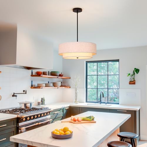 Black Modern Chandelier 18'' Drum Pendant Light with Fabric Lampshade Hanging Light Fixture 3-Light Farmhouse Chandeliers for Dining Room Bedroom Kitchen Hallway Foyer - color: 18" Fabric Black