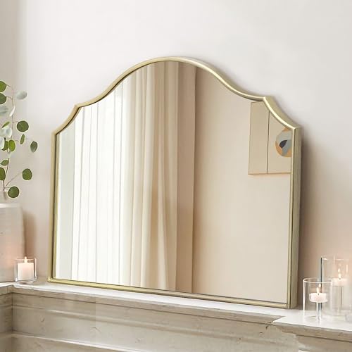 Besdomus Gold Scalloped Mirror for Vanity: 32"x24" Modern Minimalist Wooden Bathroom Mirror - Decorative Dresser Wall for Mantel/Bedroom/Entryway/Hallway - Ideal for 20-55 Age Fashion Women - color: Gold Leaf, size: 24"L x 32"W