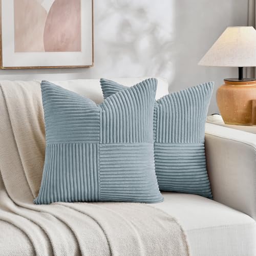 Fancy Homi Set of 2 Light Blue Samll Decorative Throw Pillow Covers 12x12 Inch with for Couch Bed Sofa Living Room, Soft Cross Patchwork Striped Corduroy Coastal Blue Square Cushion Case 30 cm - color: Light Blue, size: 12" x 12" (Pack of 2)