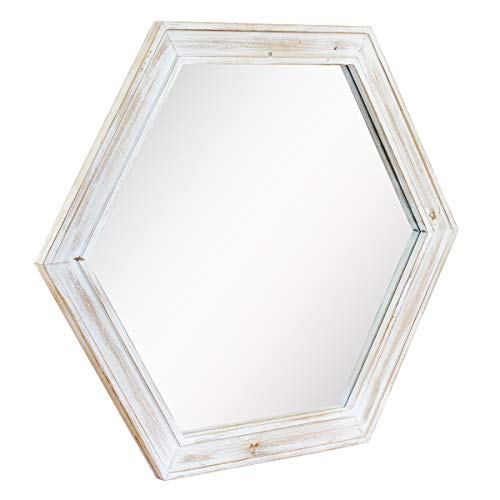 Stonebriar Decorative 24" Hexagon Wall Mirror with Worn White Wood Frame and Attached Hanging Bracket, Decorative Country Rustic Decor for the Living Room, Bedroom, Bathroom, Hallway, and Entryway - color: White
