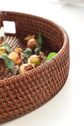 HITOMEN 14.2" Hand-Woven Round Rattan Serving Tray Decorative Ottoman Wicker Platter with Handles for Coffee Table, Breakfast, Drinks, Snack, Bread, Fruit, Vegetables (Brown - L) - color: Brown, size: Large (14.2 inches)