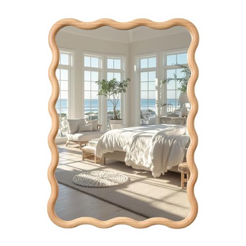 Bathroom Mirror for Wall,20x28 inch Large Irregular Wavy Wood Modern Boho Vanity Farmhouse Mirrors for Bedroom Living Room Entryway Hallway Fireplace - size: 28"L x 20"W