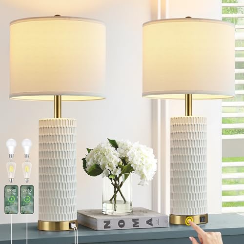 Reaketon 26.5" Ceramic Table Lamps Set of 2, 3 Way Dimmable Touch Control Table Lamps for Living Room, Modern Lamps for Nightstand, Gold - color: White Shade & Gold Base