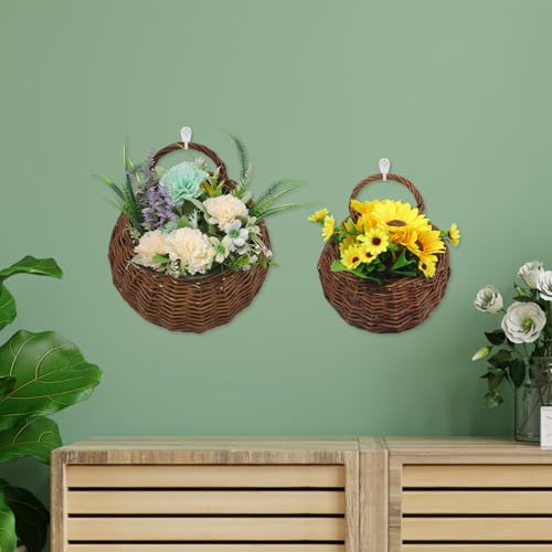 LIOOBO 2pcs Woven Rattan Wall Hanging Flower Pots Set Small Medium Plant Containers for Indoor Outdoor Garden Rustic Hanging Planter Baskets for Succulents