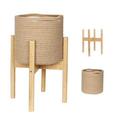 Plant Basket with Stand, Indoor Round Wicker Basket Plant with Bamboo Wood Stand, Decorative Woven Rope Flower Indoor Planter with Legs, Boho Bamboo Wood Planter Holder (Jute) - color: Jute