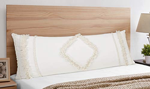 Bohemian Boho Chic Ivory Macrame Tufted Tassel Accent Decorative Couch Long Throw Zipper Body Pillow Cover Case 54x20 Solid Cream Textured Minimalist Off White Cotton Fringe Farmhouse Indie Room Decor - color: Ivory Diamond Tuft