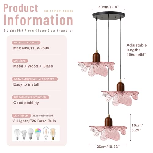 3-Light Pink Flower Glass Pendant Light, Mid-Century Modern Chandelier, Adjustable Hanging Ceiling Light Fixture for Dining Room, Kitchen Island, Bedroom, Living Room, Restaurant, Cafe - color: Pink, 3 Light