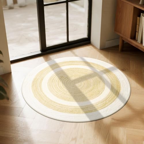 Carvapet 2 ft Round Washable Rug, Imitation Jute Low Pile Circle Carpet with Non Slip Rubber Backing, Foldable Stain Resistant Area Rug for Living Room Bedroom Office Bathroom - color: Sand, size: 2' (Round)